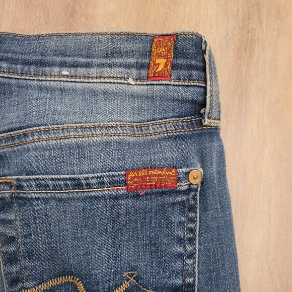 7 For All Mankind Cropped Skinny  Medium Wash Distressed Jeans Sz 28 - Picture 5 of 11